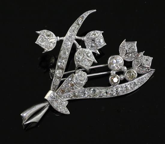 A white gold? and three colour diamond floral spray brooch 52mm.
